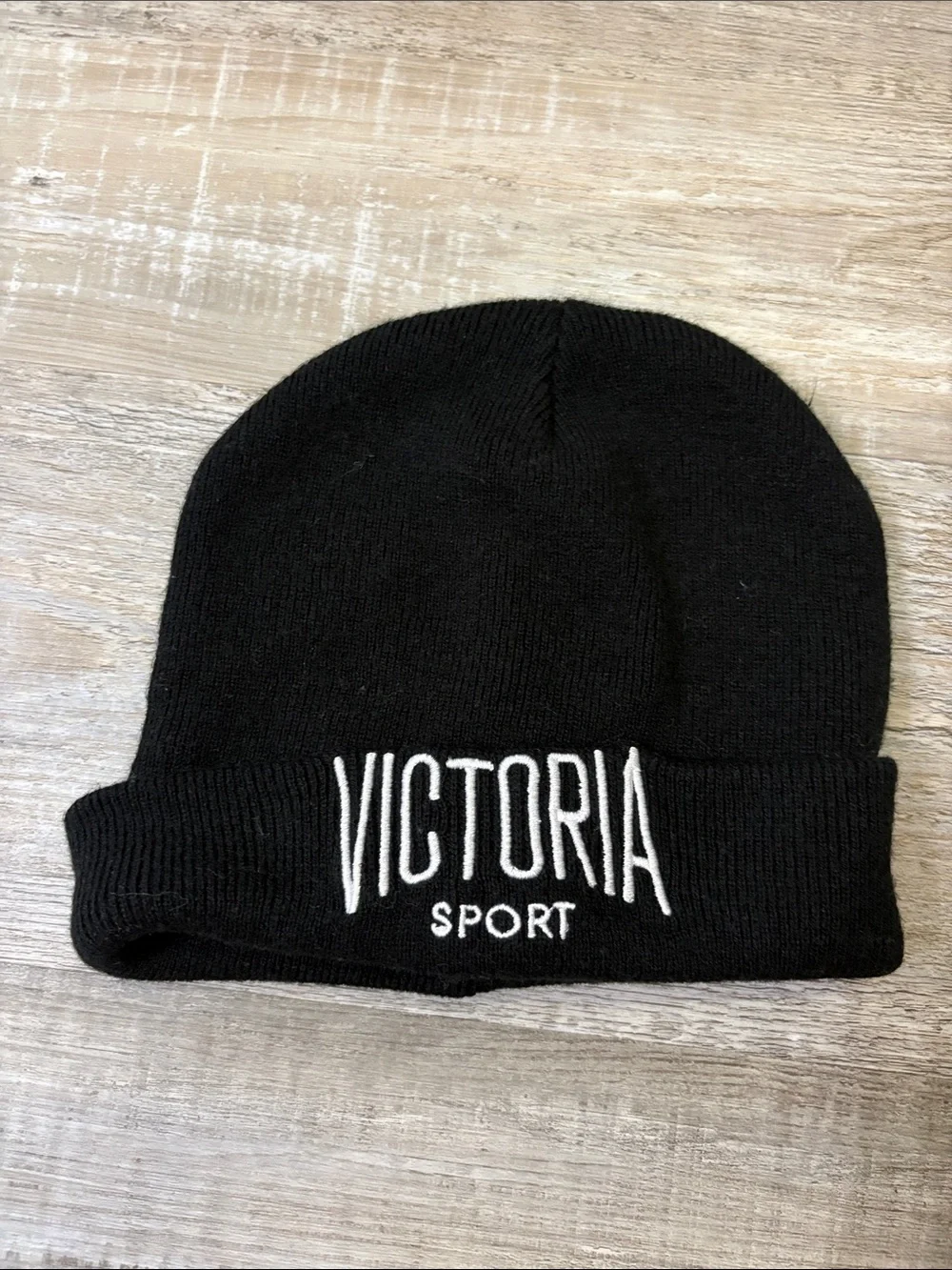 Victoria's Secret Black Knit Cuffed Beanie with White Logo